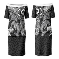 Aotearoa Maori Sea Animals Tribal Family Matching Puletasi and Hawaiian Shirt Manta Ray and Shark Moko Pattern Black Color LT03 Mom's Dress Black - Polynesian Pride