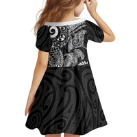 Aotearoa Maori Sea Animals Tribal Family Matching Summer Maxi Dress and Hawaiian Shirt Manta Ray and Shark Moko Pattern Black Color