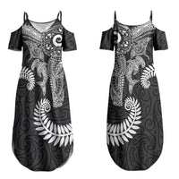 Aotearoa Maori Sea Animals Tribal Family Matching Summer Maxi Dress and Hawaiian Shirt Manta Ray and Shark Moko Pattern Black Color LT03 Mom's Dress Black - Polynesian Pride