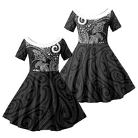Aotearoa Maori Sea Animals Tribal Family Matching Summer Maxi Dress and Hawaiian Shirt Manta Ray and Shark Moko Pattern Black Color LT03 Daughter's Dress Black - Polynesian Pride
