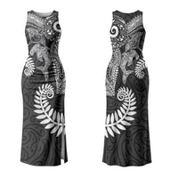 Aotearoa Maori Sea Animals Tribal Family Matching Tank Maxi Dress and Hawaiian Shirt Manta Ray and Shark Moko Pattern Black Color LT03 Mom's Dress Black - Polynesian Pride