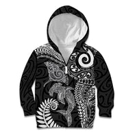 Aotearoa Maori Sea Animals Tribal Kid Hoodie Manta Ray and Shark Moko Pattern Black Color