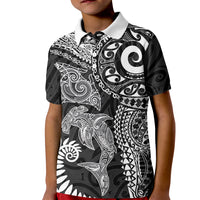 Aotearoa Maori Sea Animals Tribal Kid Polo Shirt Manta Ray and Shark Moko Pattern Black Color