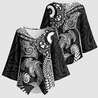 Aotearoa Maori Sea Animals Tribal Kimono Sleeve Blouse Manta Ray and Shark Moko Pattern Black Color