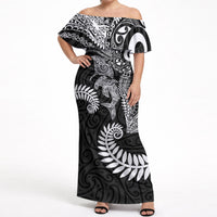Aotearoa Maori Sea Animals Tribal Off Shoulder Maxi Dress Manta Ray and Shark Moko Pattern Black Color LT03 Women Black - Polynesian Pride
