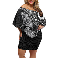 Aotearoa Maori Sea Animals Tribal Off Shoulder Short Dress Manta Ray and Shark Moko Pattern Black Color LT03 Women Black - Polynesian Pride