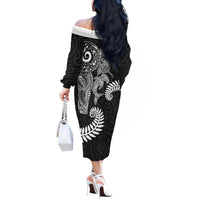 Aotearoa Maori Sea Animals Tribal Off The Shoulder Long Sleeve Dress Manta Ray and Shark Moko Pattern Black Color LT03 - Polynesian Pride