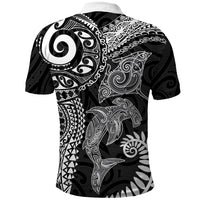 Aotearoa Maori Sea Animals Tribal Polo Shirt Manta Ray and Shark Moko Pattern Black Color LT03 - Polynesian Pride
