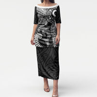 Aotearoa Maori Sea Animals Tribal Puletasi Manta Ray and Shark Moko Pattern Black Color LT03 Long Dress Black - Polynesian Pride