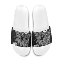 Aotearoa Maori Sea Animals Tribal Slide Sandals Manta Ray and Shark Moko Pattern Black Color
