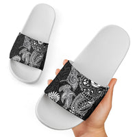 Aotearoa Maori Sea Animals Tribal Slide Sandals Manta Ray and Shark Moko Pattern Black Color