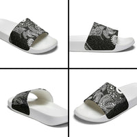 Aotearoa Maori Sea Animals Tribal Slide Sandals Manta Ray and Shark Moko Pattern Black Color