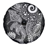 Aotearoa Maori Sea Animals Tribal Spare Tire Cover Manta Ray and Shark Moko Pattern Black Color