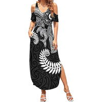 Aotearoa Maori Sea Animals Tribal Summer Maxi Dress Manta Ray and Shark Moko Pattern Black Color