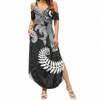 Aotearoa Maori Sea Animals Tribal Summer Maxi Dress Manta Ray and Shark Moko Pattern Black Color LT03 Women Black - Polynesian Pride