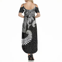 Aotearoa Maori Sea Animals Tribal Summer Maxi Dress Manta Ray and Shark Moko Pattern Black Color LT03 - Polynesian Pride