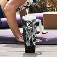 Aotearoa Maori Sea Animals Tribal Tumbler With Handle Manta Ray and Shark Moko Pattern Black Color