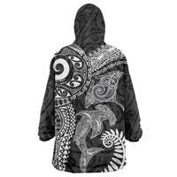 Aotearoa Maori Sea Animals Tribal Wearable Blanket Hoodie Manta Ray and Shark Moko Pattern Black Color