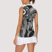 Aotearoa Maori Sea Animals Tribal Women Sleeveless Polo Shirt Manta Ray and Shark Moko Pattern Black Color
