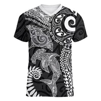 Aotearoa Maori Sea Animals Tribal Women V-Neck T-Shirt Manta Ray and Shark Moko Pattern Black Color