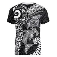 Aotearoa Maori Sea Animals Tribal Women V-Neck T-Shirt Manta Ray and Shark Moko Pattern Black Color