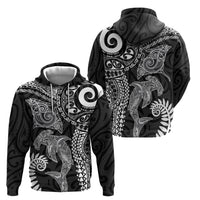 Aotearoa Maori Sea Animals Tribal Zip Hoodie Manta Ray and Shark Moko Pattern Black Color