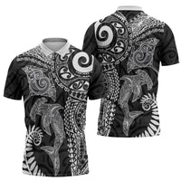 Aotearoa Maori Sea Animals Tribal Zipper Polo Shirt Manta Ray and Shark Moko Pattern Black Color