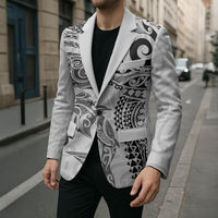 Aotearoa Maori Sea Animals Tribal Blazer Manta Ray and Shark Moko Pattern White Color