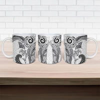Aotearoa Maori Sea Animals Tribal Ceramic Mug Manta Ray and Shark Moko Pattern White Color