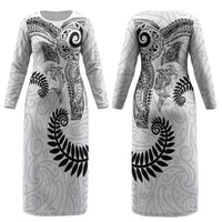 Aotearoa Maori Sea Animals Tribal Couples Matching Long Sleeve Bodycon Dress and Hawaiian Shirt Manta Ray and Shark Moko Pattern White Color LT03 - Polynesian Pride