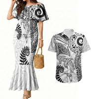 Aotearoa Maori Sea Animals Tribal Couples Matching Mermaid Dress and Hawaiian Shirt Manta Ray and Shark Moko Pattern White Color LT03 White - Polynesian Pride