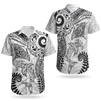 Aotearoa Maori Sea Animals Tribal Couples Matching Off The Shoulder Long Sleeve Dress and Hawaiian Shirt Manta Ray and Shark Moko Pattern White Color LT03 - Polynesian Pride