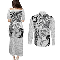 Aotearoa Maori Sea Animals Tribal Couples Matching Puletasi and Long Sleeve Button Shirt Manta Ray and Shark Moko Pattern White Color