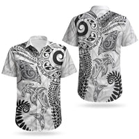 Aotearoa Maori Sea Animals Tribal Couples Matching Short Sleeve Bodycon Dress and Hawaiian Shirt Manta Ray and Shark Moko Pattern White Color LT03 - Polynesian Pride