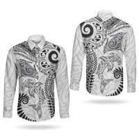 Aotearoa Maori Sea Animals Tribal Couples Matching Short Sleeve Bodycon Dress and Long Sleeve Button Shirt Manta Ray and Shark Moko Pattern White Color LT03 - Polynesian Pride
