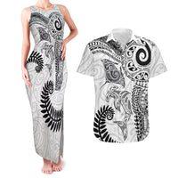 Aotearoa Maori Sea Animals Tribal Couples Matching Tank Maxi Dress and Hawaiian Shirt Manta Ray and Shark Moko Pattern White Color