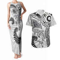Aotearoa Maori Sea Animals Tribal Couples Matching Tank Maxi Dress and Hawaiian Shirt Manta Ray and Shark Moko Pattern White Color LT03 White - Polynesian Pride