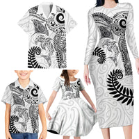 Aotearoa Maori Sea Animals Tribal Family Matching Long Sleeve Bodycon Dress and Hawaiian Shirt Manta Ray and Shark Moko Pattern White Color LT03 - Polynesian Pride