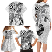 Aotearoa Maori Sea Animals Tribal Family Matching Long Sleeve Bodycon Dress and Hawaiian Shirt Manta Ray and Shark Moko Pattern White Color LT03 Mom's Dress White - Polynesian Pride