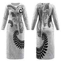 Aotearoa Maori Sea Animals Tribal Family Matching Long Sleeve Bodycon Dress and Hawaiian Shirt Manta Ray and Shark Moko Pattern White Color LT03 Mom's Dress White - Polynesian Pride