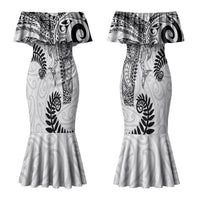 Aotearoa Maori Sea Animals Tribal Family Matching Mermaid Dress and Hawaiian Shirt Manta Ray and Shark Moko Pattern White Color LT03 Mom's Dress White - Polynesian Pride