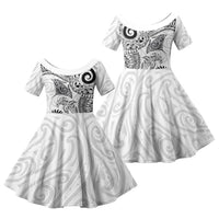 Aotearoa Maori Sea Animals Tribal Family Matching Mermaid Dress and Hawaiian Shirt Manta Ray and Shark Moko Pattern White Color LT03 Daughter's Dress White - Polynesian Pride