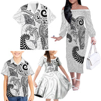 Aotearoa Maori Sea Animals Tribal Family Matching Off The Shoulder Long Sleeve Dress and Hawaiian Shirt Manta Ray and Shark Moko Pattern White Color LT03 - Polynesian Pride
