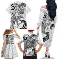 Aotearoa Maori Sea Animals Tribal Family Matching Off The Shoulder Long Sleeve Dress and Hawaiian Shirt Manta Ray and Shark Moko Pattern White Color LT03 Mom's Dress White - Polynesian Pride
