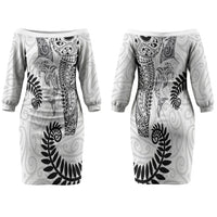 Aotearoa Maori Sea Animals Tribal Family Matching Off The Shoulder Long Sleeve Dress and Hawaiian Shirt Manta Ray and Shark Moko Pattern White Color LT03 Mom's Dress White - Polynesian Pride