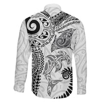 Aotearoa Maori Sea Animals Tribal Family Matching Off The Shoulder Long Sleeve Dress and Hawaiian Shirt Manta Ray and Shark Moko Pattern White Color LT03 Son's Shirt White - Polynesian Pride