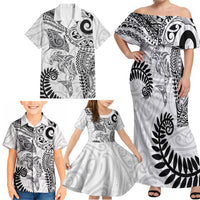 Aotearoa Maori Sea Animals Tribal Family Matching Off Shoulder Maxi Dress and Hawaiian Shirt Manta Ray and Shark Moko Pattern White Color LT03 - Polynesian Pride