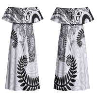 Aotearoa Maori Sea Animals Tribal Family Matching Off Shoulder Maxi Dress and Hawaiian Shirt Manta Ray and Shark Moko Pattern White Color LT03 Mom's Dress White - Polynesian Pride