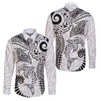Aotearoa Maori Sea Animals Tribal Family Matching Off Shoulder Maxi Dress and Hawaiian Shirt Manta Ray and Shark Moko Pattern White Color LT03 Dad's Shirt - Long Sleeve White - Polynesian Pride
