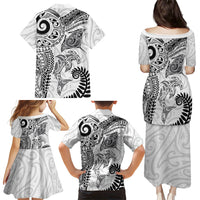 Aotearoa Maori Sea Animals Tribal Family Matching Puletasi and Hawaiian Shirt Manta Ray and Shark Moko Pattern White Color LT03 Mom's Dress White - Polynesian Pride